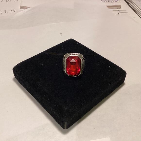 1757 Mens Silver Red Crystal Stone Ring Promise Vintage Statement Big Rectangle - Picture 1 of 6